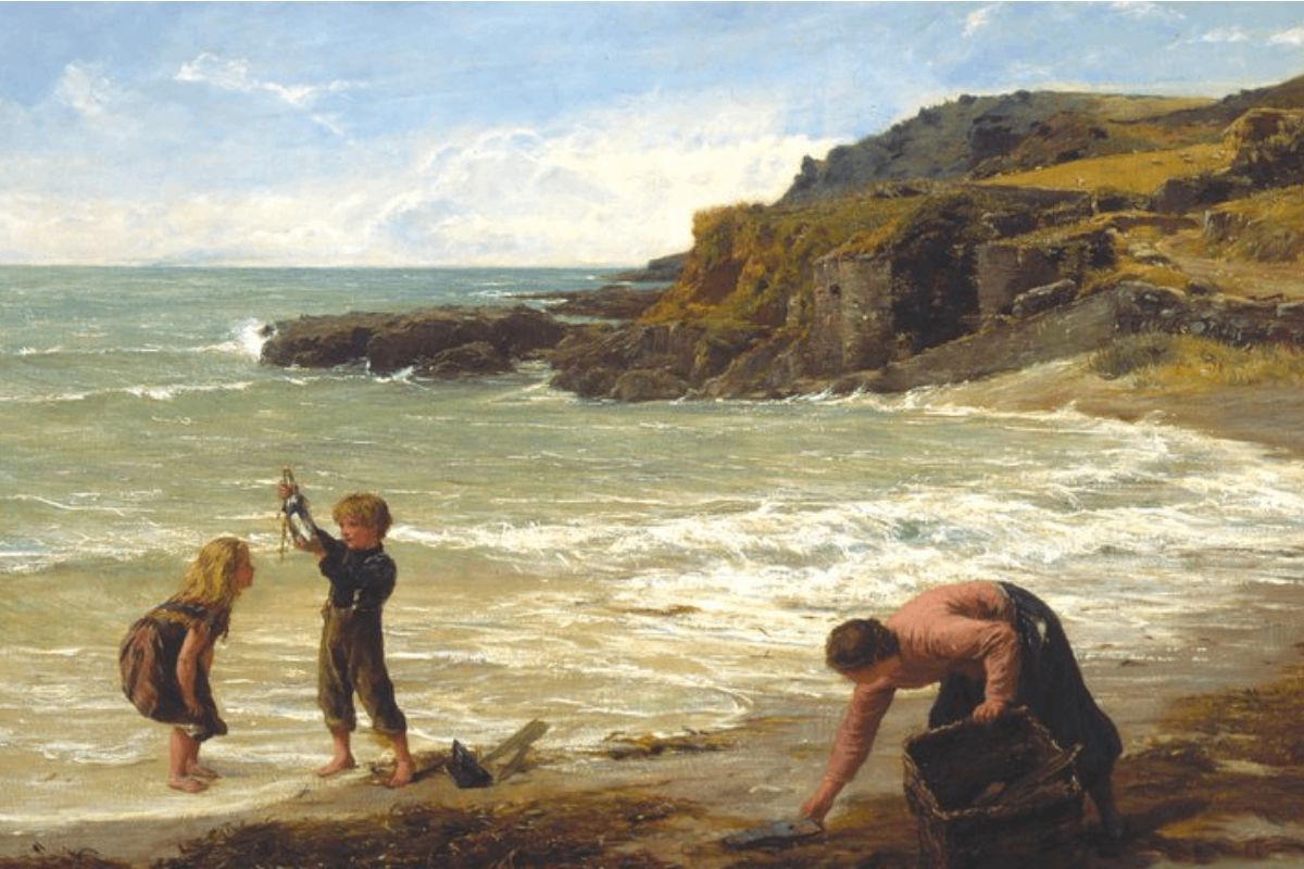 An oil painting shows children discovering a message in a bottle, while a woman collects driftwood near the beach.